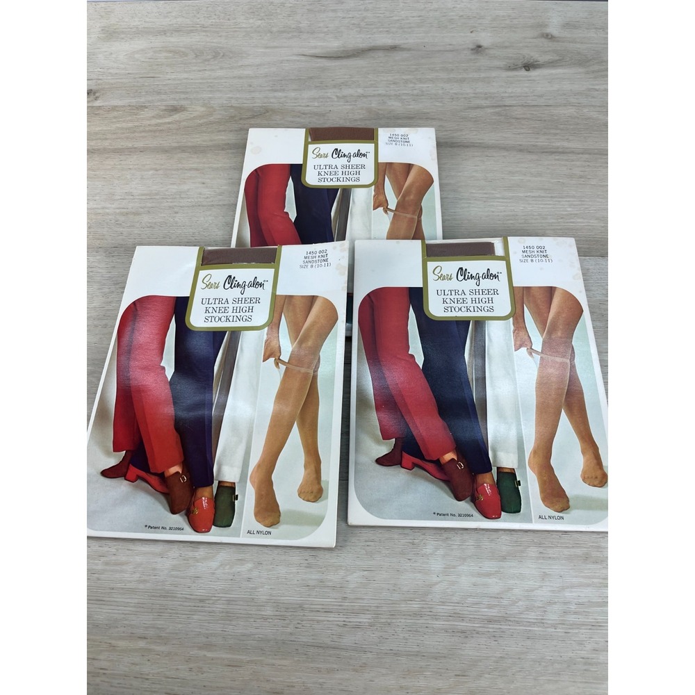 Sears Cling Alon Ultra‎ Sheer Knee High Stockings Size B 10-11 Sandstone 3 Pairs